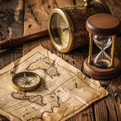 Vintage photo compass, hourglass and map on wooden desk