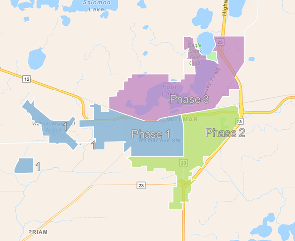 Willmar MN construction phase map indicates in light blue the southwestern part of the city as Phase 1 and in southeastern part of city in green as Phase 2