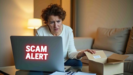 A woman sits behind a laptop with the words "scam alert" emblazoned on back of computer 