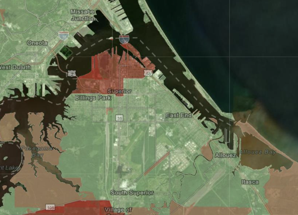 A map of Superior Wisconsin with sections filled in red to show phase 1 construction in northern part of city