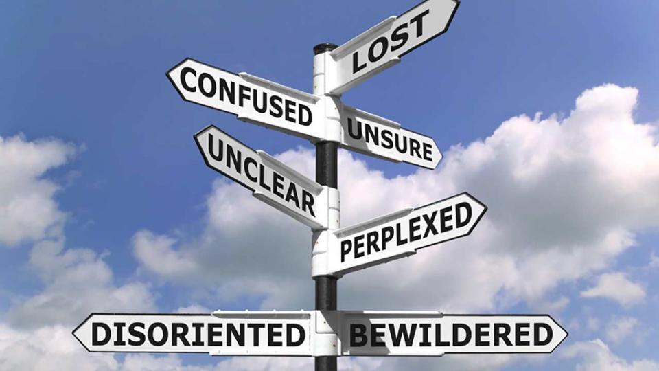 A signpost points in different directions with words such as: "Lost" "Confused" "Unsure" "Unclear" and "Perplexed"