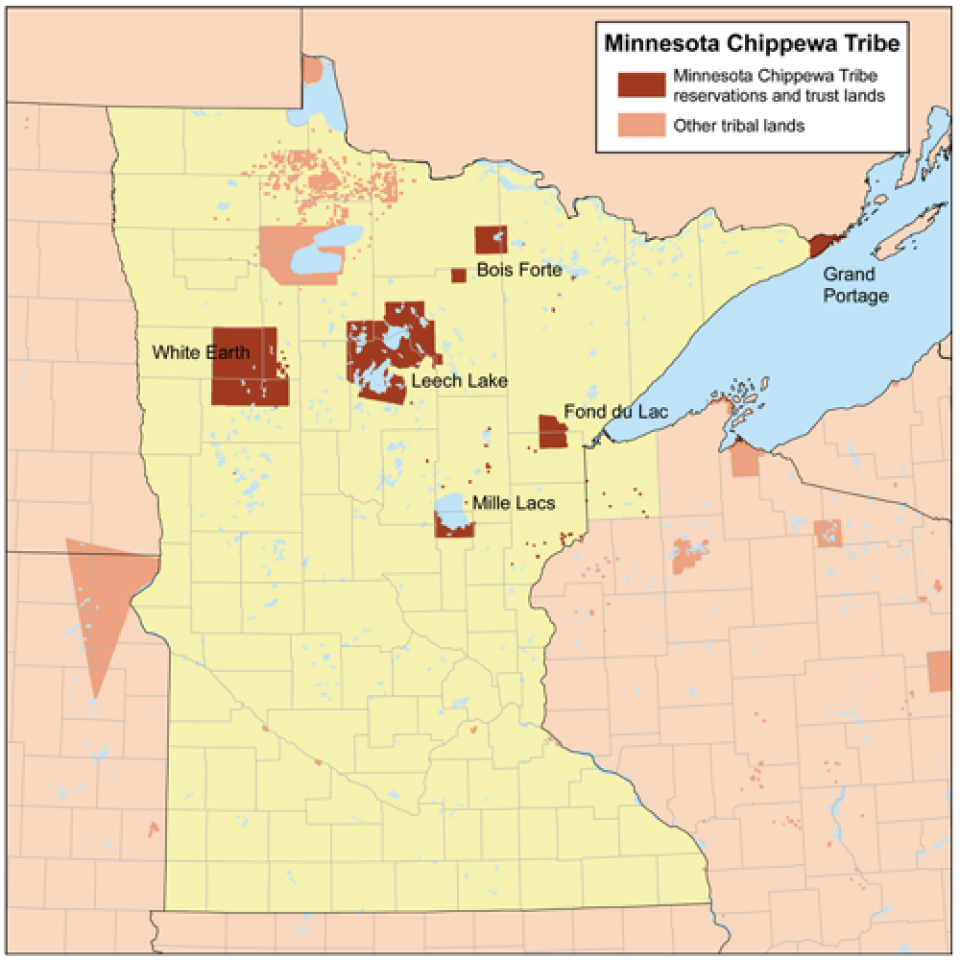 A map shows non-contiguous parcels of land in northern Minnesota indicating where Bois Forte Indian Reservation lands are