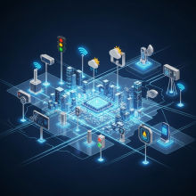 An AI generated graphic depiction of a city with blue light showing how buildings and city functions are connected  